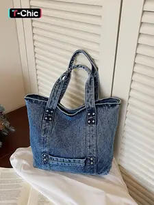 Retro denim tote bag, Casual tote bag, Washed denim fabric and patchwork details, can be worn on one shoulder or diagonally, with comfortable wide shoulder straps that don't stretch shoulders, American retro style suitable for all outfits
