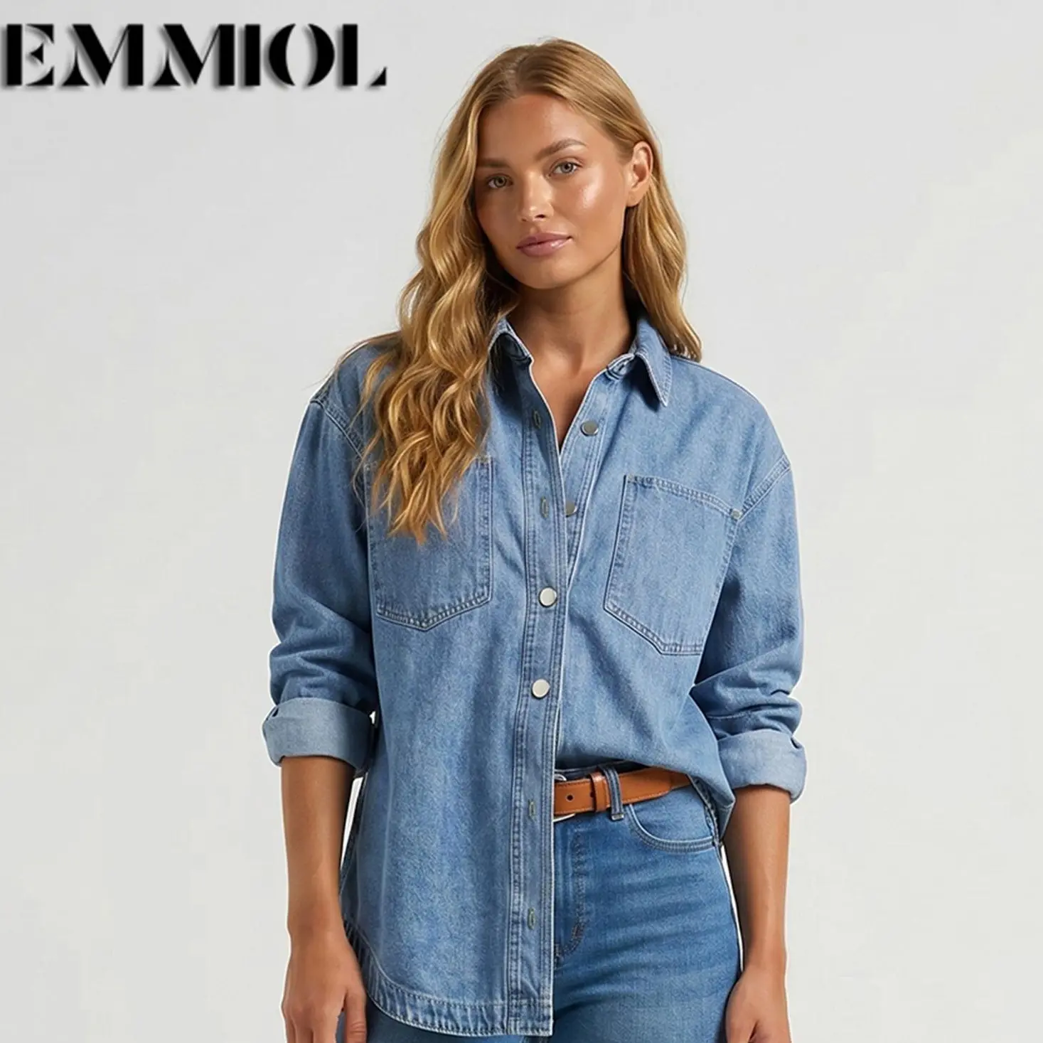EMMIOL Women Oversized Denim Shirt Jacket Long Sleeve Button Down Distressed Vintage Blue Jean Jacket Streetwear Summer Vibes【Back to School】