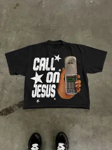 Men's Cotton T-Shirt, Short Sleeve, Phone & Star Print, Loose Fit, Casual Style, Summer Fashion, Outdoor Sports Streetwear.