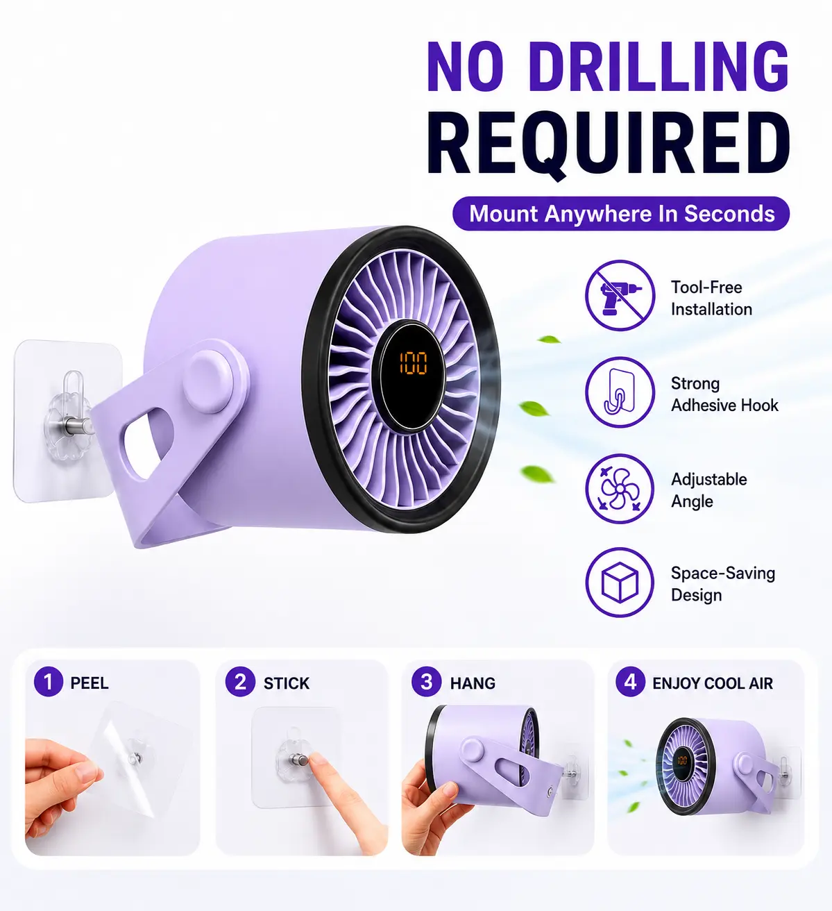 Wall Mount Air Circulator Fan - No Drilling Cordless Small Fan for Kitchen, RV & Bathroom, 100-Speed Rechargeable Wall Fan with LED Display Multifunctional Fan Adjustable Fans tiktokshopbacktoschool
