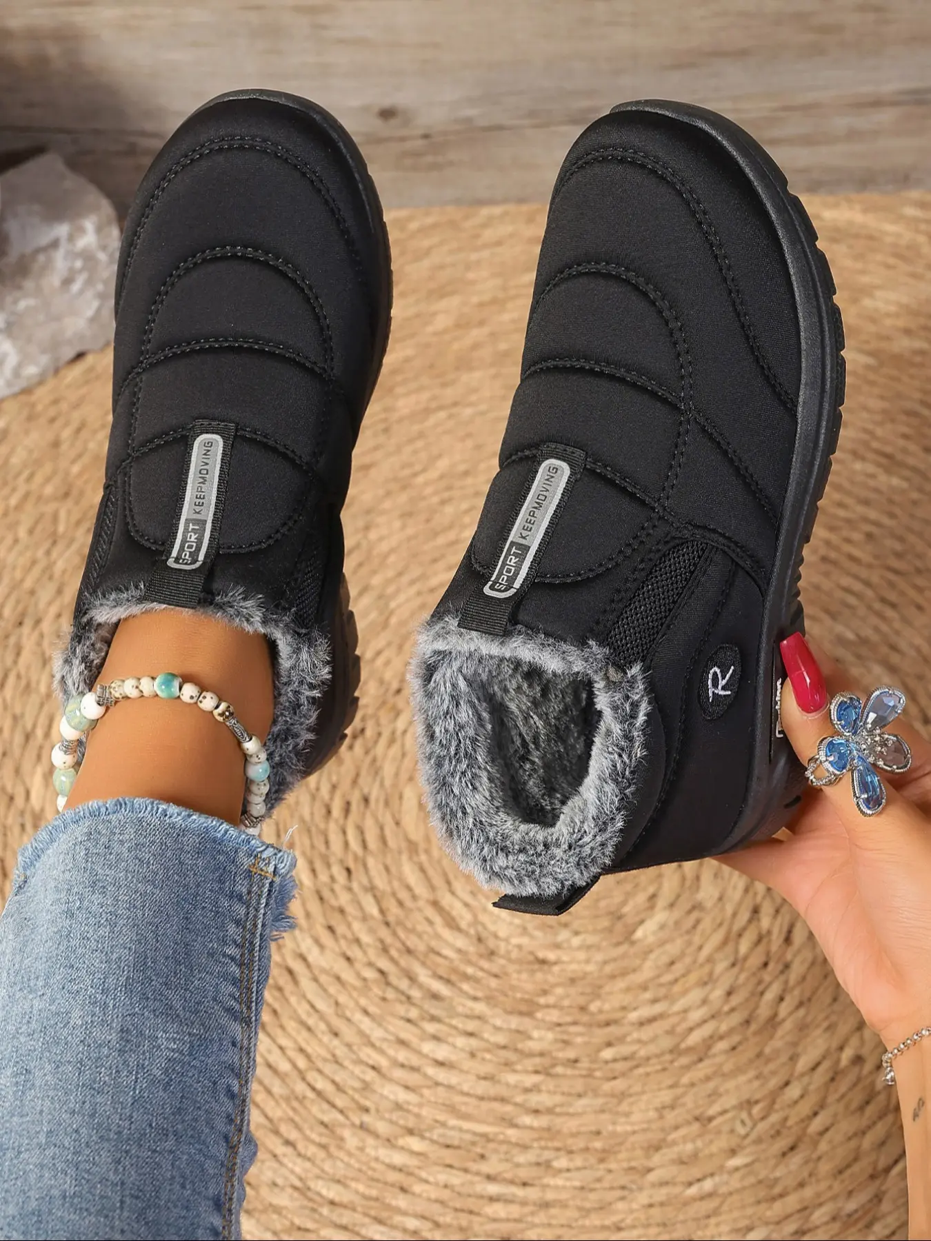 Women's Plain Color Plush Lined Ankle Boots, Ankle Bootie, Casual Warm Boots, Slip-On Soft Rubber Sole Anti-Slip Snow Boots, Comfortable Warm Winter Flat Walking Shoes for Home & Travel