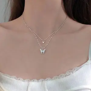 Butterfly Necklace for Women Layered Dainty Gold Silver Crystal Chain Choker