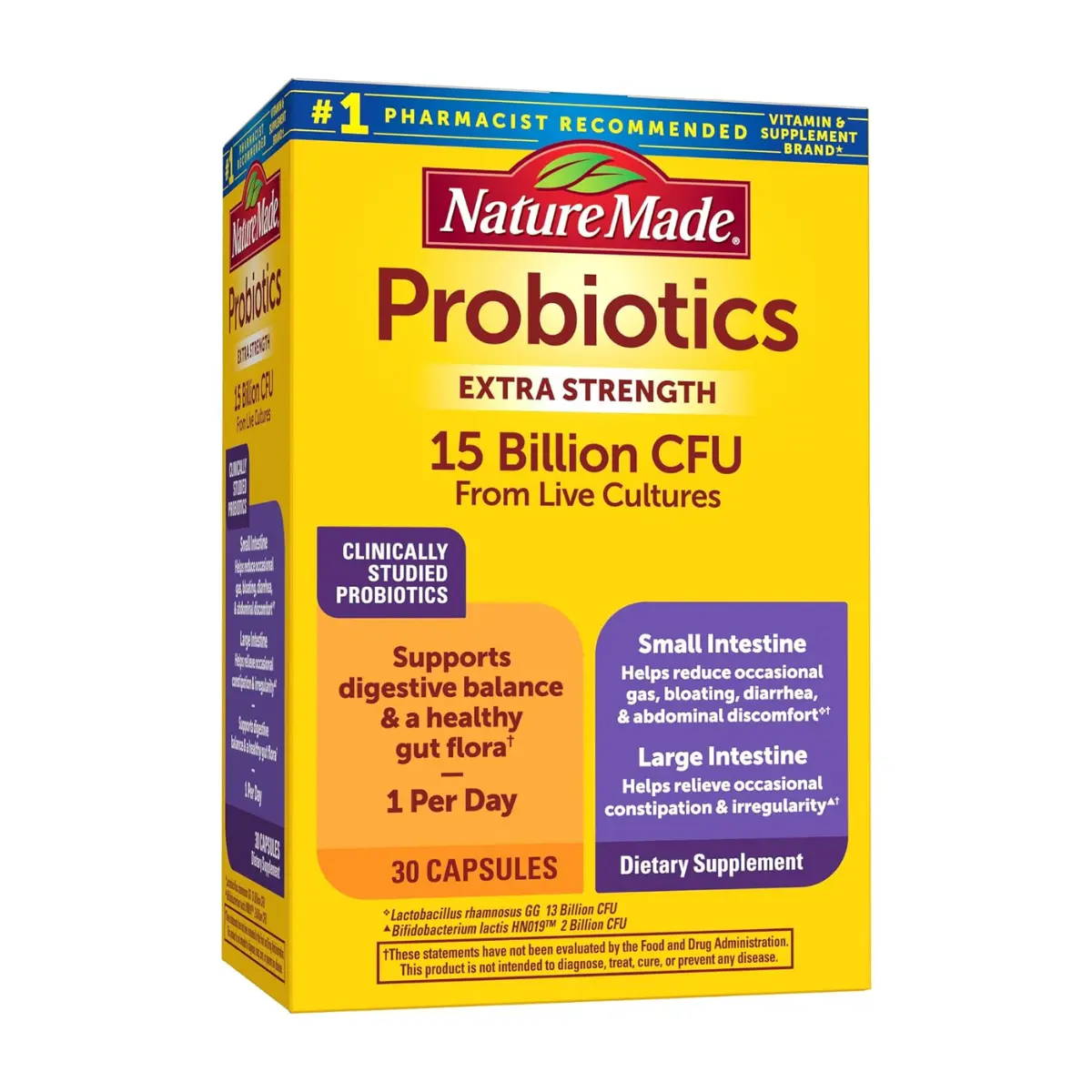 Nature Made Probiotics for Digestive Health Extra Strength 15 Billion CFU from Live Cultures, Probiotics for Women and Men, 30 Probiotic Capsules, 30 Day Supply