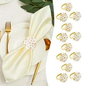 12pcs Elegant Pearl & Rhinestone Napkin Rings - Metallic Beaded Flower Hollow-Out Napkin Holders, Shiny Tableware Decor for Wedding, Banquet Table Settings,summerwins summerwins