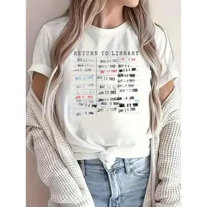 100% Cotton Library Card Due Date Stamp Book Lover Reading Vintage Read T-Shirt Printed O-Neck Casual T Shirt Women's Clothing