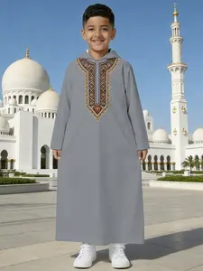 punch monkey Boys Traditional Thobe, Hooded with Grey Ethnic Totem Embroidery