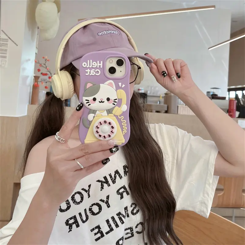 Cute cartoon answering phone cat phone case Cover for iPhone 11 12 13 14 15 16 pro max
