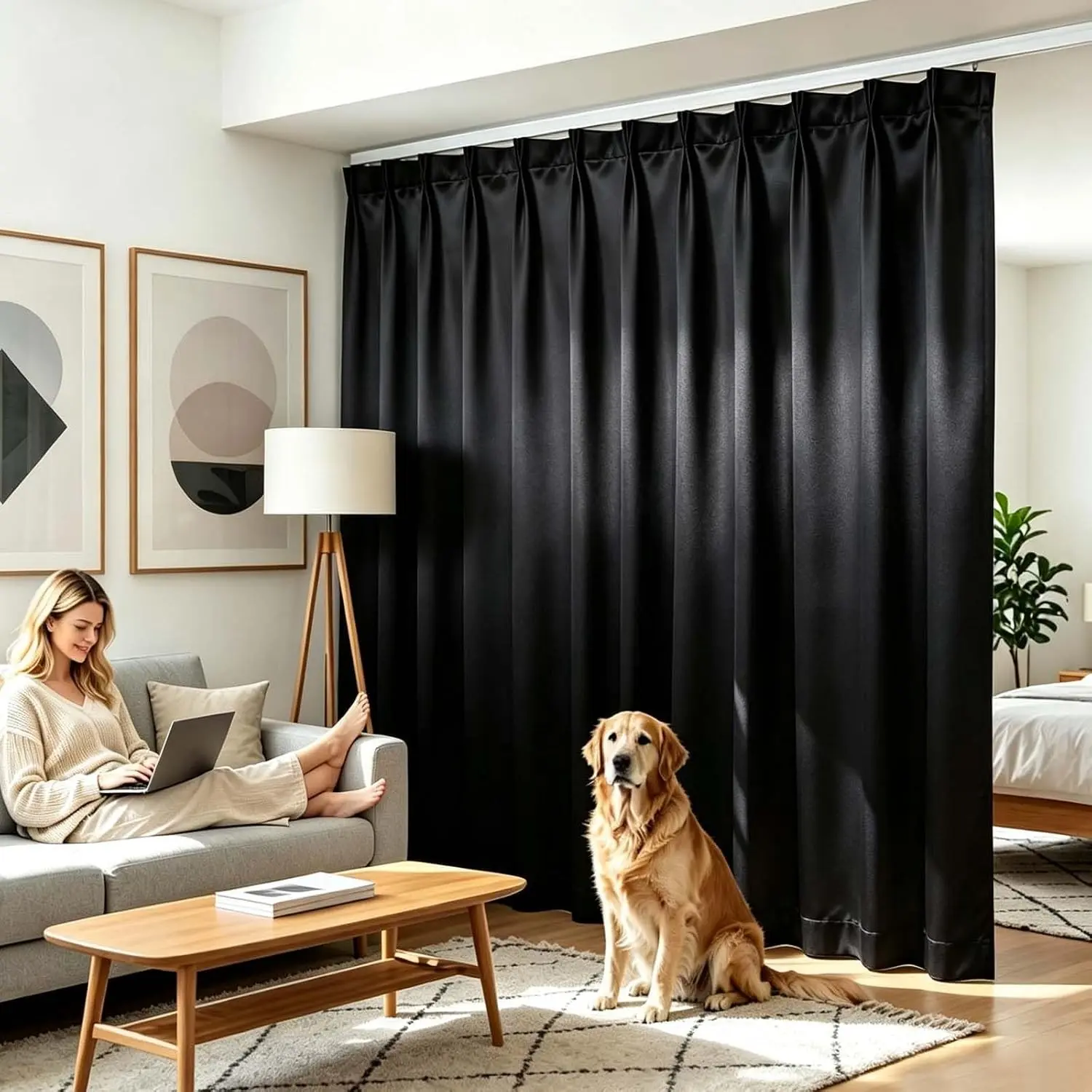 Room Divider Curtains Set, Extra Wide Blackout Curtains with Mounted Track | 100% Blackout, 3-Layer Soft Breathable Fabric, Thermal Insulated, Silding Wall Divider for Bedroom,Apartment, Space Partition