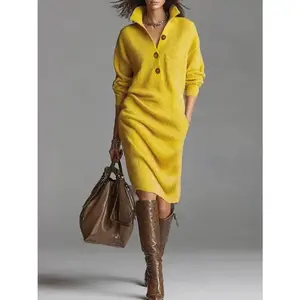 Women'S Elegant Collar Sweater Dress with Button Front Closure - Loose Straight Fit Mid-Length Pencil Skirt, Soft Warm Winter Dress for Casual to Semi-Formal Occasions, Wrinkle-Resistant & Easy Care, Solid Color (Mustard-Yellow Sh