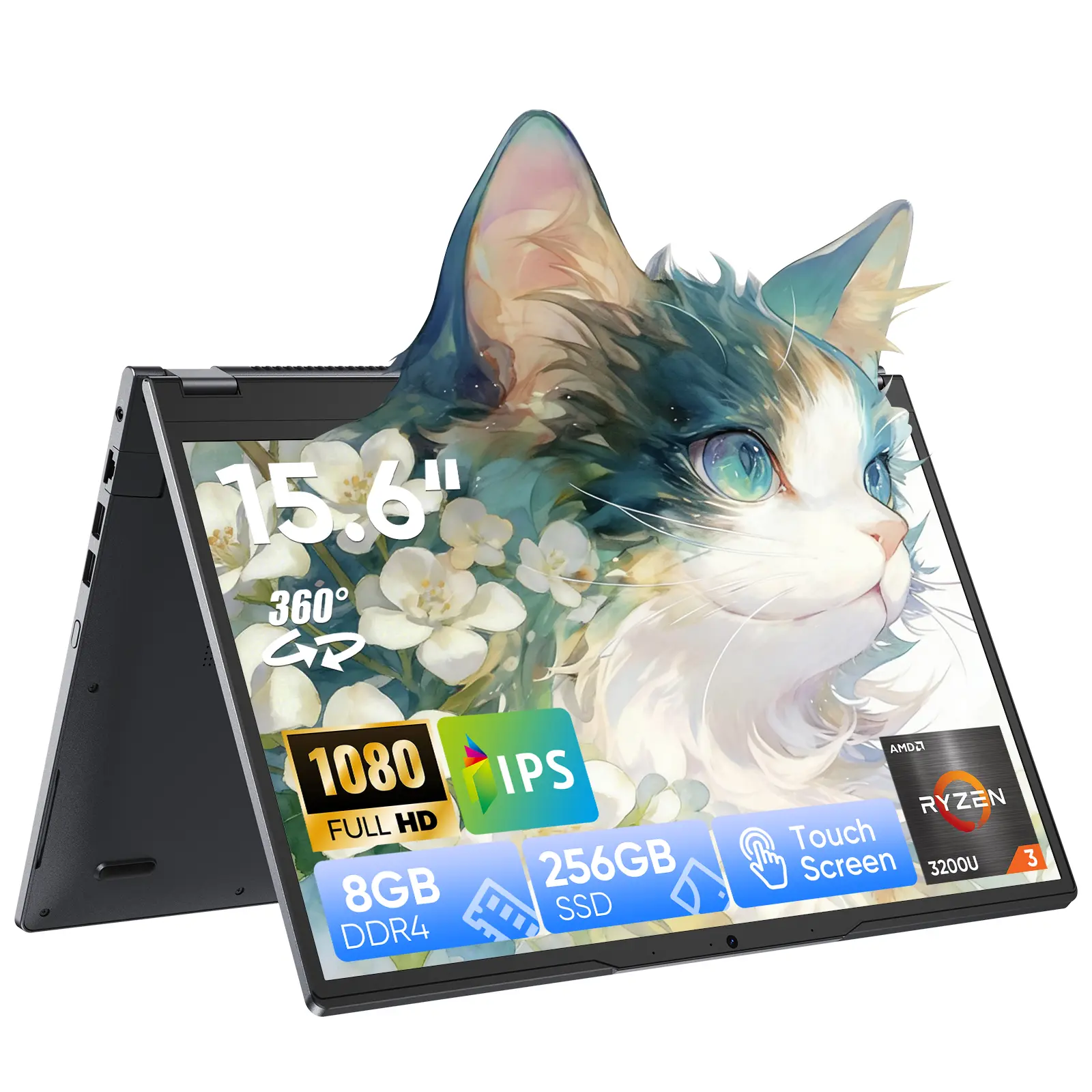 TPV 2-in-1 360° Rotatable Portable Laptop - 15.6-in FHD 1920x1080 Touchscreen Ultrabook, AMD Ryzen R3 3200U, Radeon Vega 3, 8GB RAM, 256GB SSD, Windows 11 Pro, Backlit Keyboard, Wifi, for College Students & Professionals