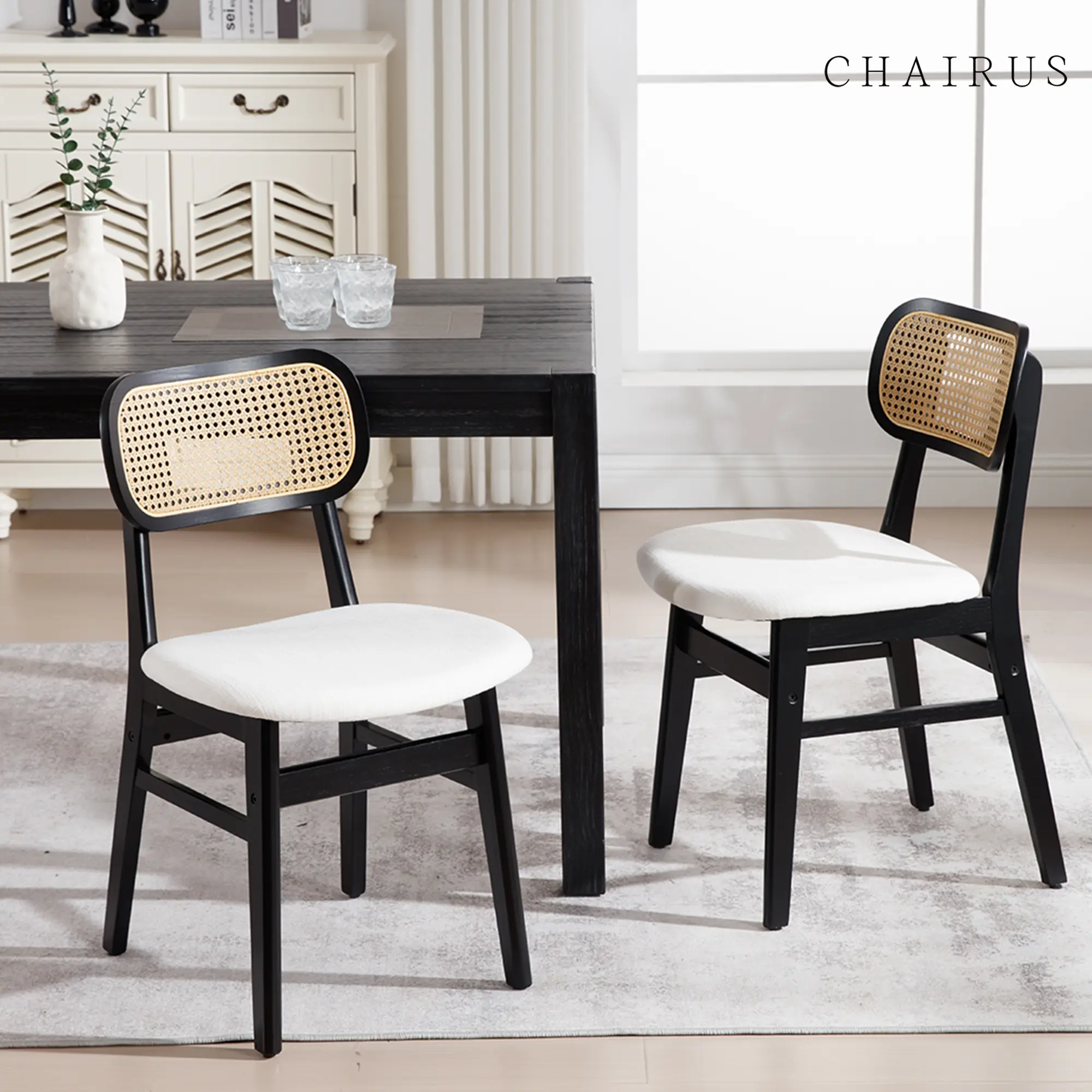 CHAIRUS Rattan Dining Chairs Set of 2,Farmhouse Cane Back Dining Room Chairs Mid Century Kitchen Chairs with Black Wood Frame Linen Upholstered Side Chairs for Kitchen, Restaurant, Dining Room, Bistro, Beige