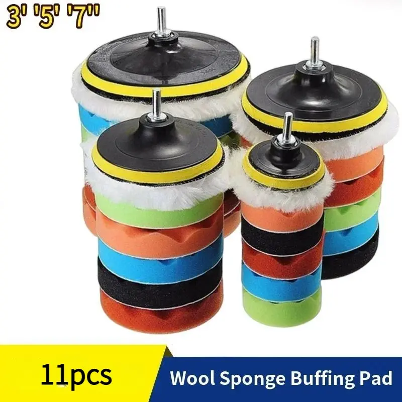 11pcs Buffing Pad Set, 3/5/7 Inch Auto Car Repair Polishing Pad Kit, Automotive Car Buffers And Polishers Kit, Car Polisher Drill Adapter, Power Tools Accessories, Polishing System, Buffing Wheels