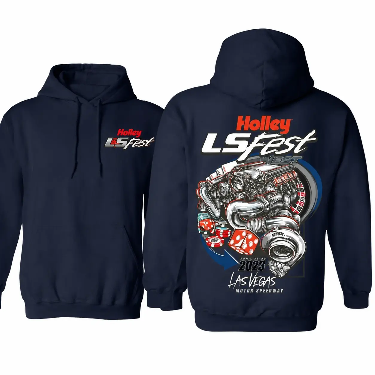 Holley LS Fest West Las Vegas Hoodie, Collector's Edition Turbo Engine Graphic Hoodie, Unisex Car Show Apparel, Vintage Style Pullover for Drag Racing & GM Fans, Menswear Graphic Tee