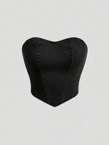 Women's Solid Black Strapless Asymmetric Hem Denim Crop Top for Country Concerts Slim Fit Sleeveless Casual Style - Fabric