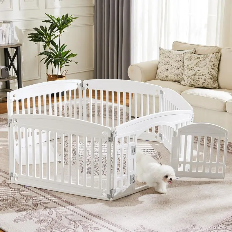 Plastic Exercise Puppy Playpen with Solid Panels, 6-Panel-2 Option, 24/32in H Universal Enclosure, Lockable Door, Non-Slip Bottom, 15.70 lb Easy-to-Move Portable Indoor-Outdoor Pen, 35.60 x 4.10 x 25.00 inches (4/8-Panel Variants Available)