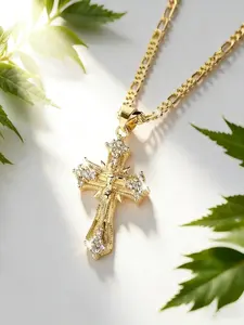 14K Gold-Plated Sparkling Jesus Cross Pendant Necklace, Elegant Religious Jewelry, Perfect for Thanksgiving, Graduation & Daily Wear