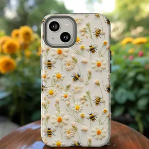 Afternoon Bee-light Spring Bumblebee Phone Case, Embroidery Print Floral Bee Lover Gift Suitable for IPhone17 11 12 13 14 15 16 Pro Max Air Plus