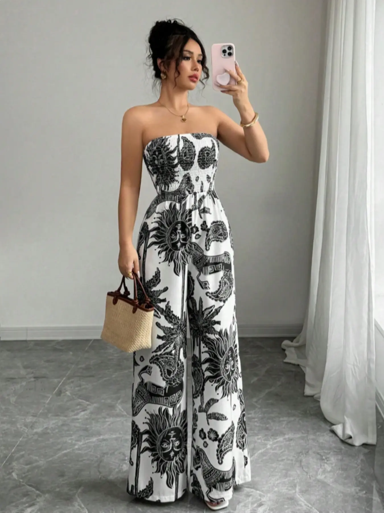 Boho Style Bohemian Halter Sleeveless Print Woven Fashionable Jumpsuit, Fitted Casual Romper, All Seasons Wear, Women's Fashion Clothing, Comfortable and Stylish, Jumpsuits Rompers