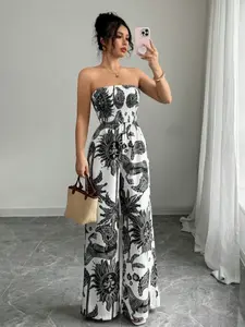 Women's Woven Fabric Casual Fitted Print Jumpsuit, All-Seasons Wearable One-Piece, Comfortable & Stylish Design for Daily Use