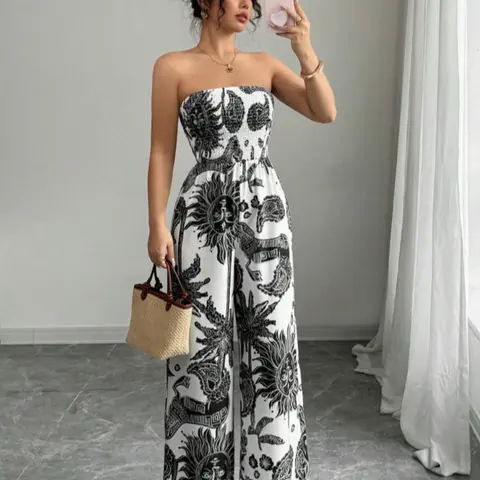 Boho Style Bohemian Halter Sleeveless Print Woven Fashionable Jumpsuit, Fitted Casual Romper, All Seasons Wear, Women's Fashion Clothing, Comfortable and Stylish, Jumpsuits Rompers