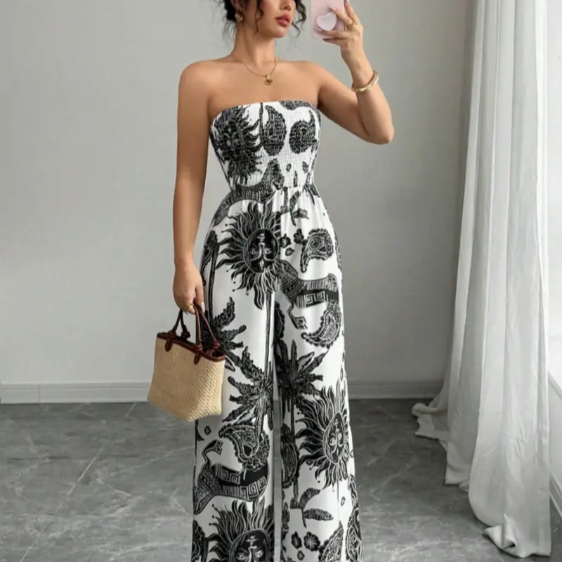 Boho Style Bohemian Halter Sleeveless Print Woven Fashionable Jumpsuit, Fitted Casual Romper, All Seasons Wear, Women's Fashion Clothing, Comfortable and Stylish, Jumpsuits Rompers