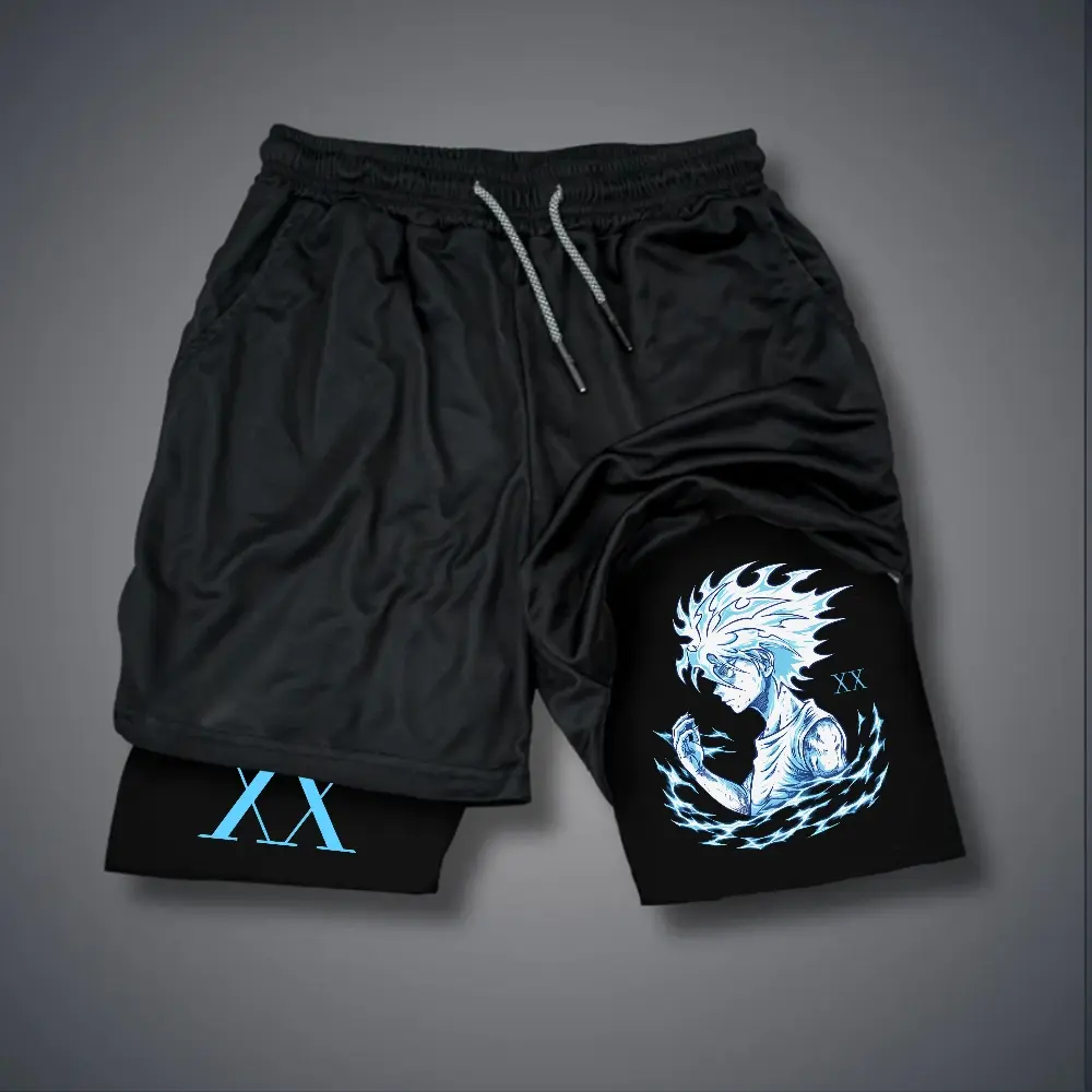 Hunter x hunter 80s 90s Double-Layer Sports Shorts Graphic Shorts Black Camo Streetwear Shorts Men Outfits Men Vacation Outfits Shorts