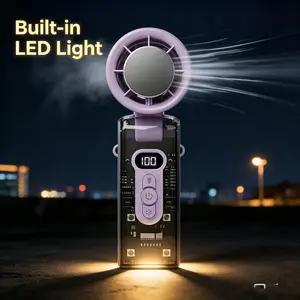 Foldable Handheld Fan with Ice-Cooling Plate, Transparent Techwear-Style Body, Cordless 13000 RPM Motor, LED Display & Night Light for Commuting & Travel
