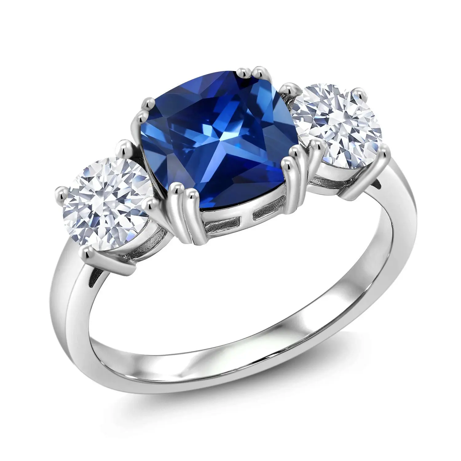Gem Stone King 4.00 Cttw Blue Simulated Sapphire Engagement Ring For Women | 925 Sterling Silver | Gemstone Birthstone | Cushion 8MM and Round 5MM | Three Stone Wedding Anniversary Promise Ring
