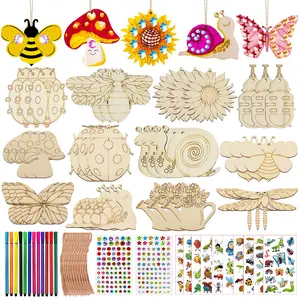 288 Piece Insect Theme Kids Country Style Wooden Craft Kit, DIY Birthday Handmade Handicraft Set, Includes 36 Wooden Blocks, 3 Strings, 12 Watercolor Pens, Creative Gift