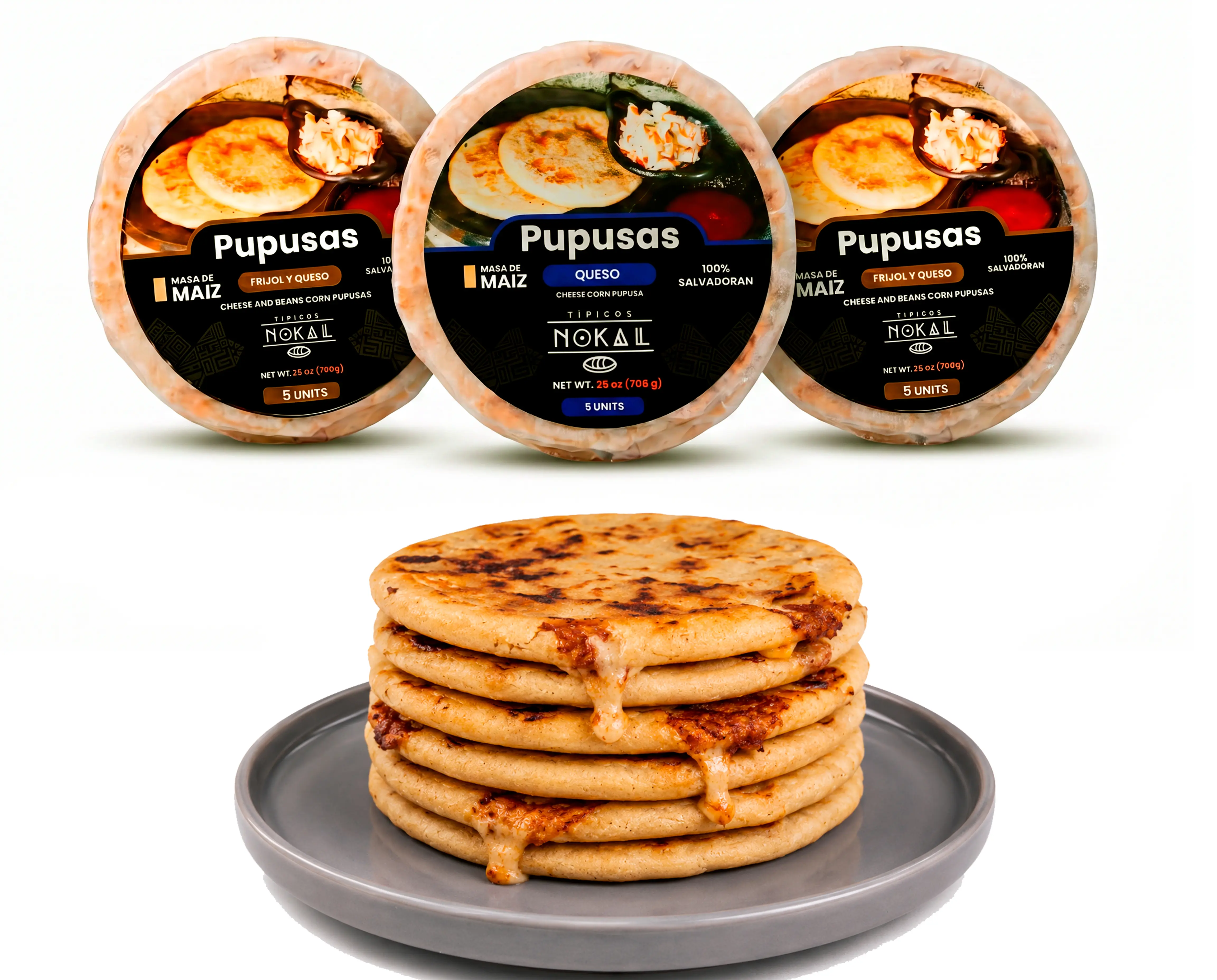 Typical Nokal Pupusas Mix, 5 Cheese, 5 Cheese & 5 Loroco and 5 Soy Revuelta Pupusas, Authentic Salvadoran Pupusas, 15 Count, 75 Ounce Family Pack