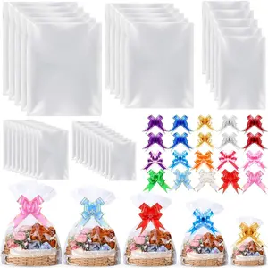 220 count Shrink Wrap Bags for  Baskets 5 Sizes Cellophane Bags 24" x 32" 20" x 28" 16" x 24" 11.8" x 17.8" 9.8" x 13.8" Clear PVC Heat Shrink with 120 Pull Bows Cellophane Wrap for Packaging