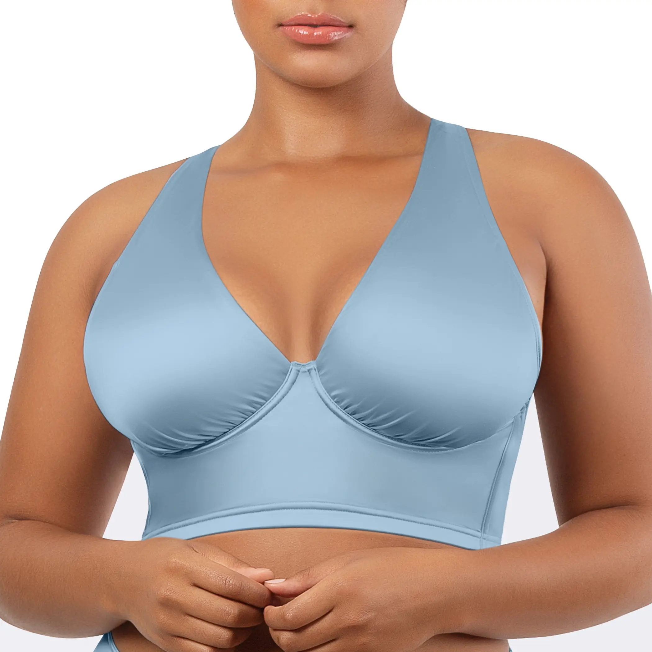 PARFAIT RITA BIKINI SET - S8142 LONGLINE BIKINI TOP WITH CROSS BACK STRAPS AND SHIRRED CONTOUR CUPS AND S8143 VINTAGE-INSPIRED BIKINI BOTTOM WITH SHIRRED SIDES AND HIP-LEVEL FIT - DREAM BLUE