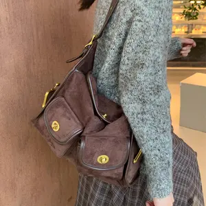 Brown Retro Artistic Pillow Bag - Vintage Gold-Plated Lock Multi-Pocket Wide Shoulder Strap Large Crossbody & Single Shoulder Bag