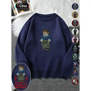 Cartoon Bear Detail Crew Neck Sweater, Casual Loose Long Sleeve Jumper for Autumn & Winter, Fashion Women’s Knitwear for Everyday Wear GARMENTARY