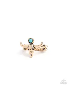 Longhorn Legend - Gold Turquoise Stone Cow Skull Western Ring - Paparazzi