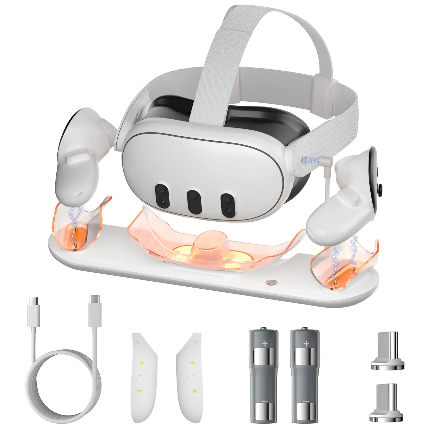 Charging Dock for Meta Quest 3, OLCLSS Charging Station for Oculus Quest 3 Accessories with RGB Light, Magnetic Charging Stand for VR Headset and Controller with 2 Rechargeable Batteries (White)