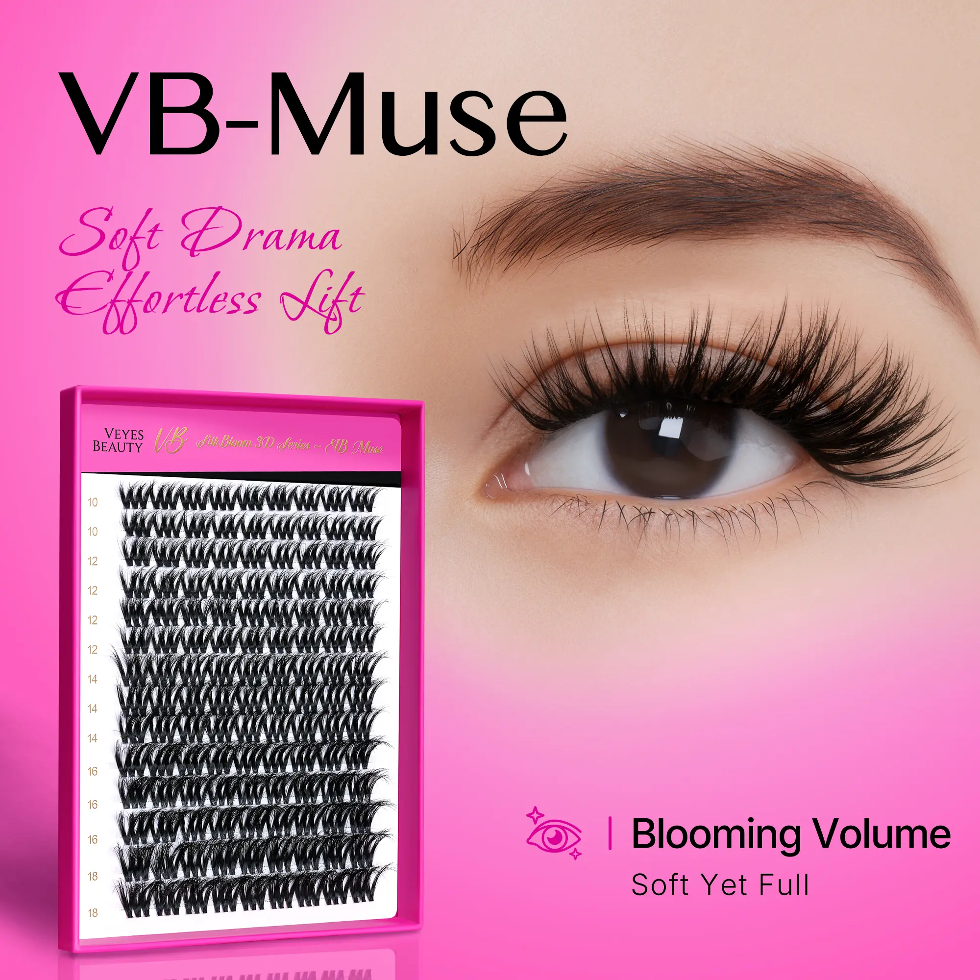 Veyesbeauty VB-Muse 3D Volume Lash Clusters, Eyelash Clusters with PBT Fibers (Polybutylene Terephthalate Fiber), Wispy Fluffy Faux Mink Individual Lashes, 5-Second DIY Mixed Length Large Tray for Newbie Home Self-Application Makeup