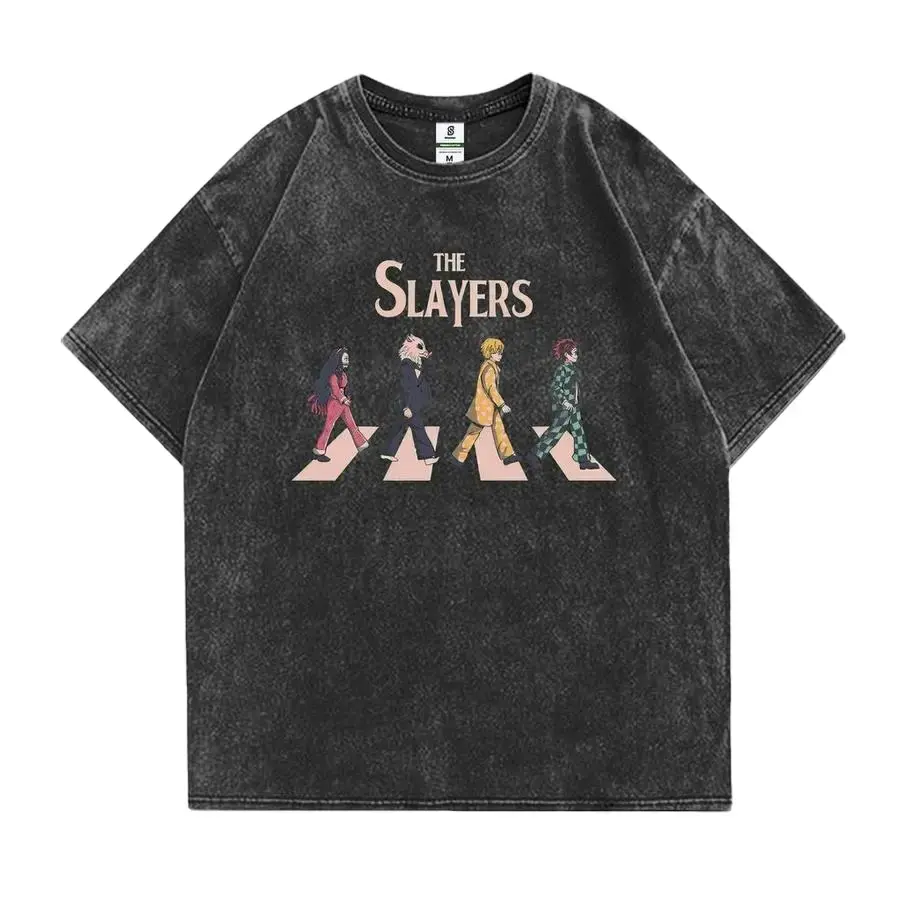 Men's Oversized Demon Slayer Short-Sleeve T-Shirt - Classic Round Neck Heavyweight Cotton Top, Tanjiro Nezuko Zenitsu Inosuke Graphic, Vintage Acid Wash Abbey Road Crosswalk Parody Print, Death Note Inspired Harajuku Streetwear Unisex Menswear, Shortsleev