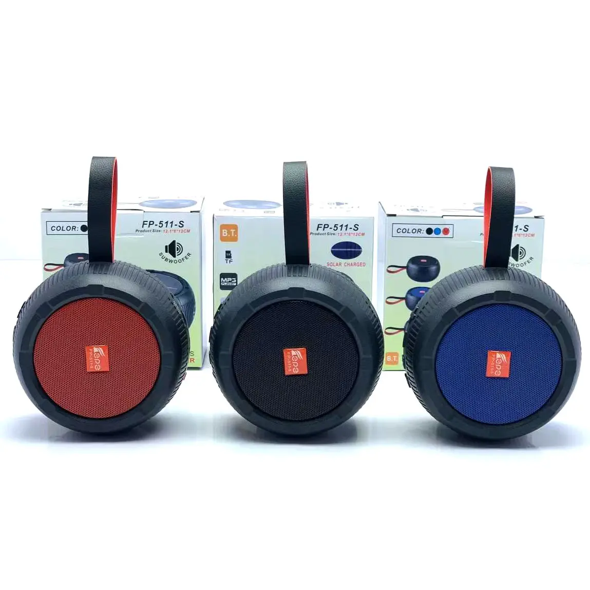 Round Solar Powered Portable Wireless Speaker with Micro SD Card, USB Slot, Detachable Strap, Radio System, Rechargeable Battery, Great for Travel, Outdoor & Indoor Use, Fits Universal Cell Phone And Bluetooth Device