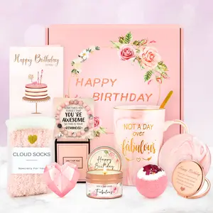 PRADNEL Birthday Gifts Basket for Women Unique Present for Best Friend Mom Sister Her Grandma Wife Girlfriend Bestie Coworker with 12 oz Ceramic Mug Rose Gold Mirror Soy Scented Candle Natural Stone Bracelet Elegant Gift Box