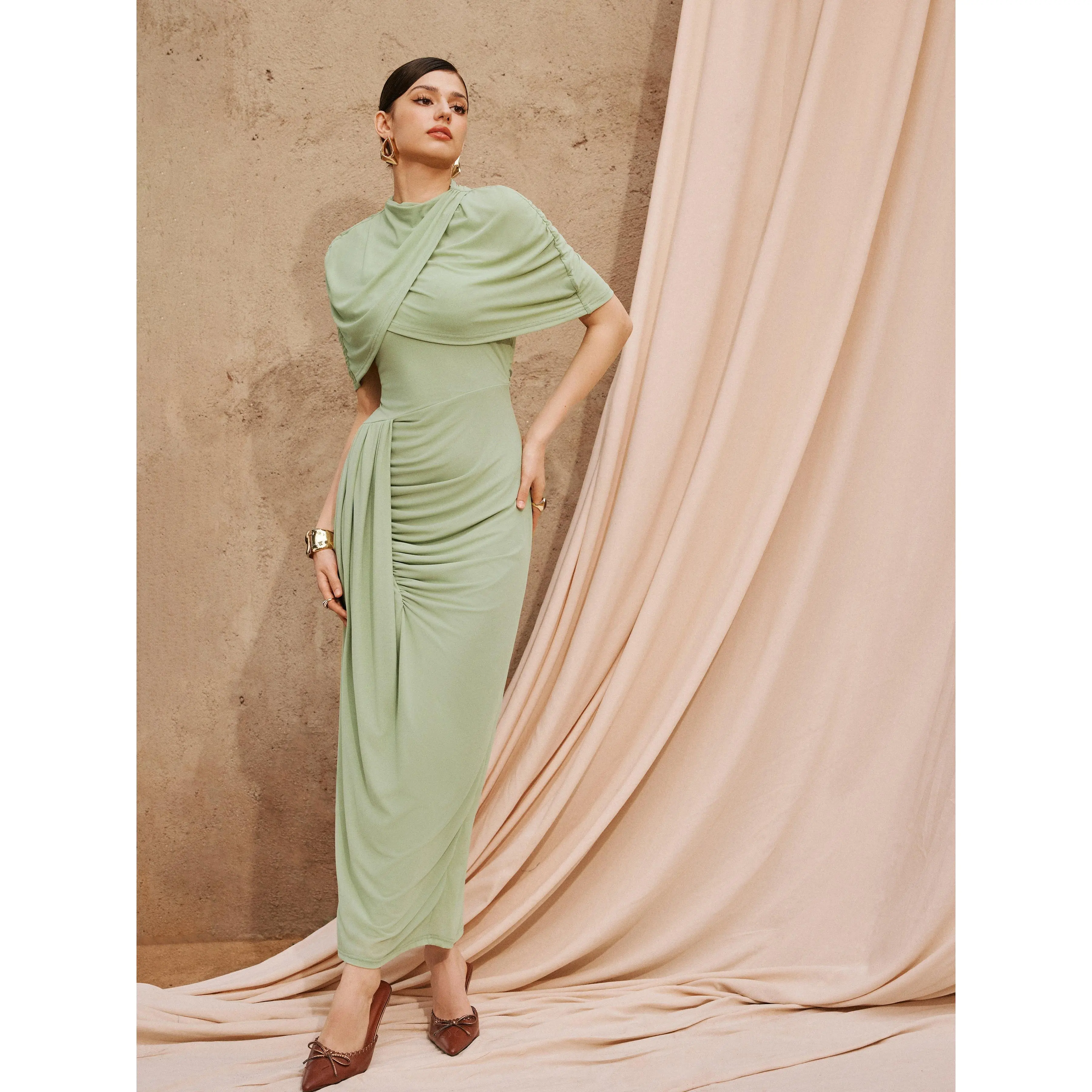 Cider Mesh High Neckline Asymmetrical Ruched Cloak Sleeve Mermaid Maxi Dress