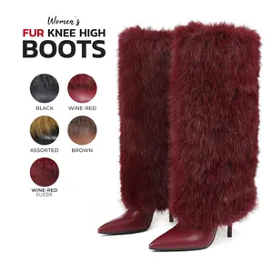 VIMISAOI Womens Fur Boots Knee High Furry Fuzzy Pointed Toe Stiletto High Heel Side Zipper Fold Over Wide Calf Comfortable Fashion Party Dress Evening Date Casual Prom Elegant Tall Modern Trendy Boots