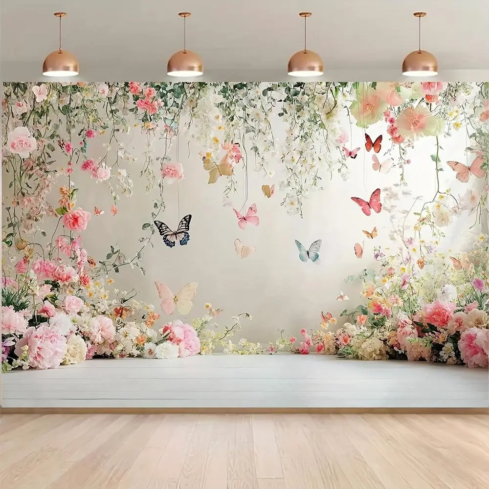 1PC 2D Flat Flower Design Butterfly Festival Backdrop Banner, High-Res Reusable Polyester Decor, Easy-Install Accessory for Photography, Birthday Parties (Home & Festive Supplies)