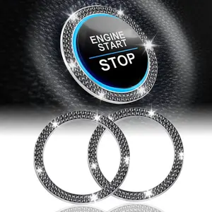 2 PCS Crystal Double Rhinestone Car Engine Start Stop Decoration Ring for Women, Push to Start Button Cover Sticker, Automotive Decals, Glossy Black
