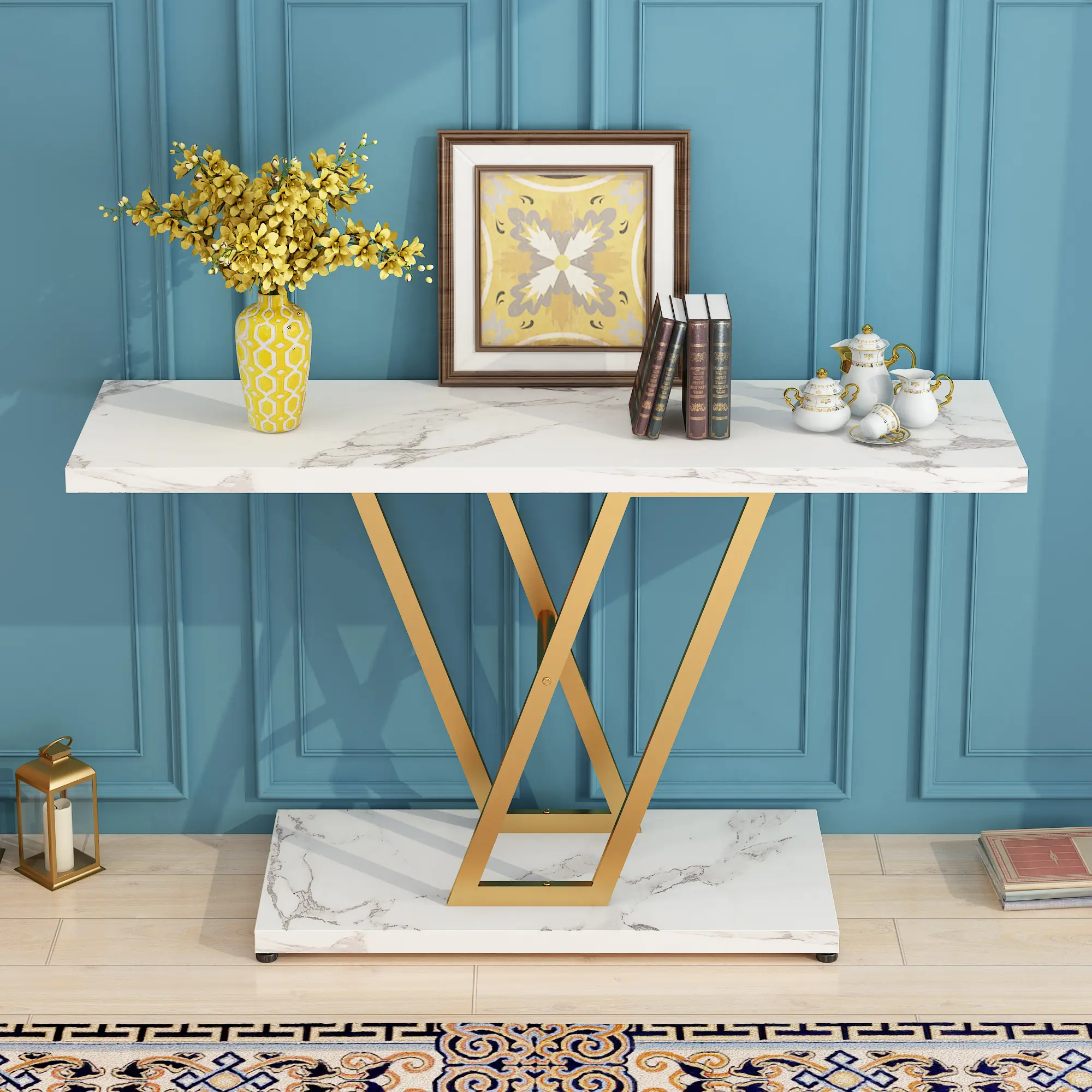[Bellemave] 42" Narrow Console Table |   White Faux Marble Top |   Gold Metal Frame |   Industrial Entryway Sofa Table for Hallway & Living Room
