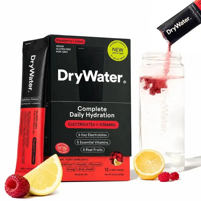 DryWater Daily Electrolyte + Vitamin Hydration Powder Packets | 1,000mg Potassium | Real Fruit | Nothing Artificial | No Added Sugar | Clean & Tested (12 Stick Packs) - Choose Flavors