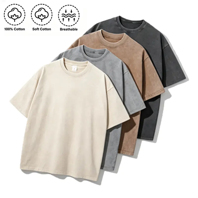 Men's 4-Pack Unisex Short-Sleeve Round Neck Menswear T-Shirts, Retro Washed Pure Cotton Pre-Shrunken Soft Fabric, Baggy 90s Vintage Streetwear & Everyday Wear Tops