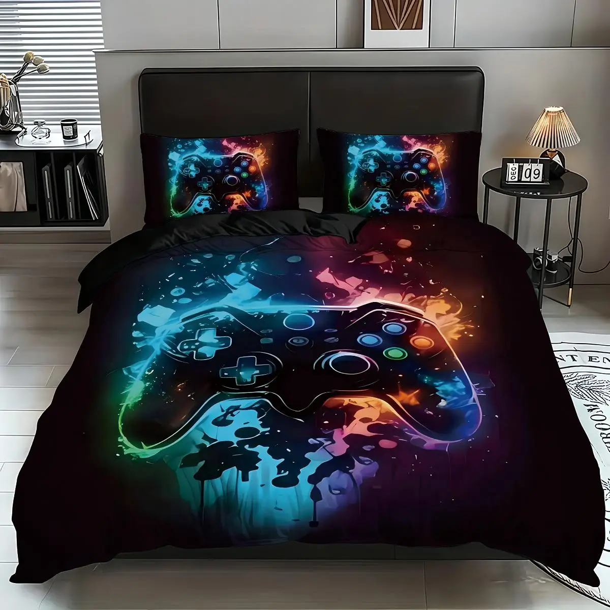 Game Controller Pattern Duvet Cover Set, 3 Counts/set Including 1 Count Duvet Cover & 2 Counts Pillowcase without Filler, Soft Comfortable Bedding Set