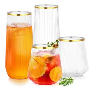 Mwellewm 48 Pcs Plastic Wine Glasses Disposable, Cocktail Glasses Set 9 OZ Stemless Champagne Flutes 12 OZ Ribbed Ripple Reusable Party Cup for Wedding Home Office Bar Drinking