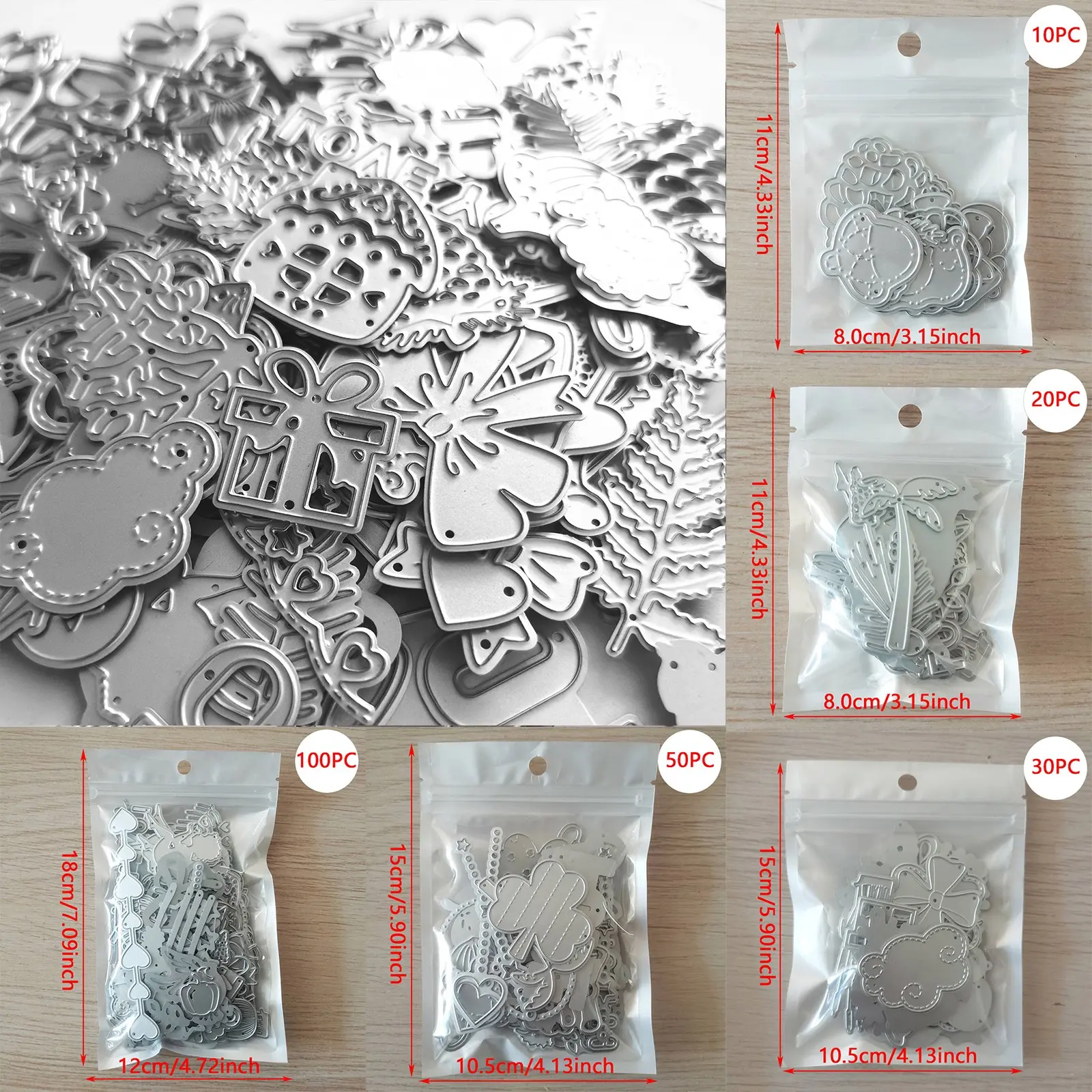 Mixed Random 10/20/30/50/100 Piece Scrapbook Mold Set, Silver Color Carbon Steel, Paper Craft Embossing Machine Accessories, Creative Card Making Supplies, Scrapbook Materials, for Scrapbooking